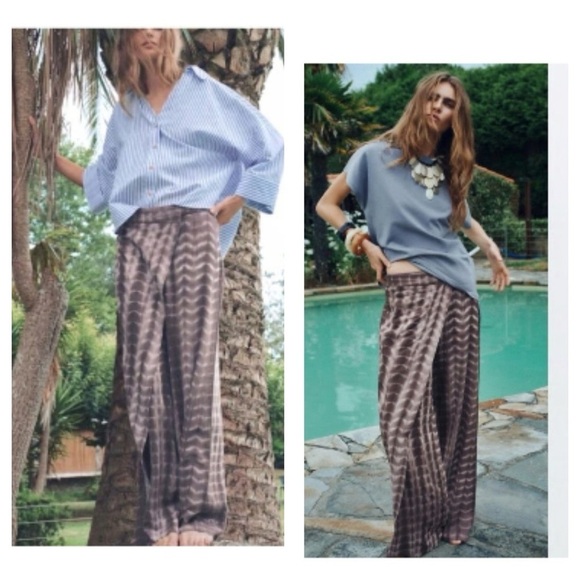 Zara Brown Patterned Wide-Leg Pants NWT size M - Picture 3 of 14